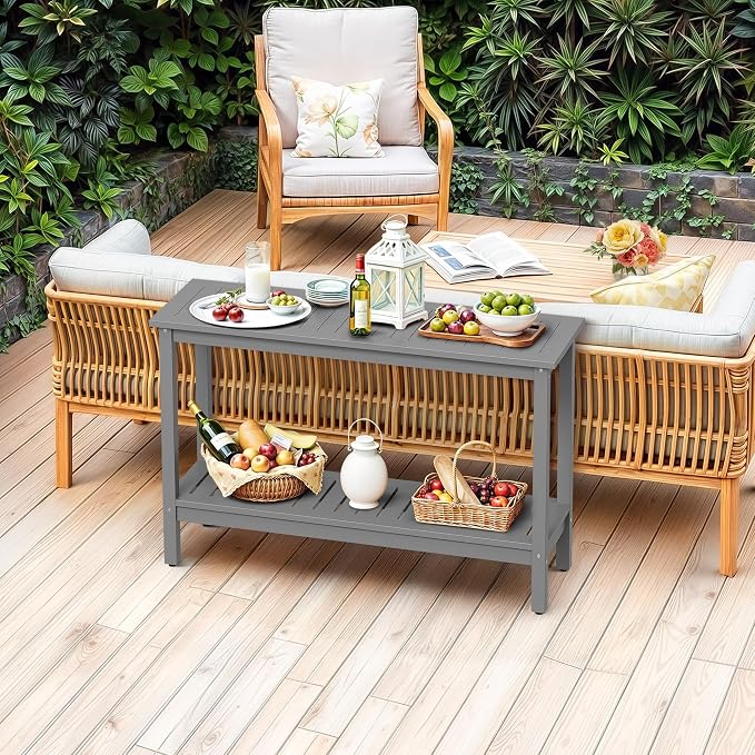 ZenStyle Solid Wood 48in 2-Shelf Console Table, Indoor Outdoor Plant Accent Table Storage Organizer w/Foot Sliders for Patio, Deck, Porch, Garden (Grey)