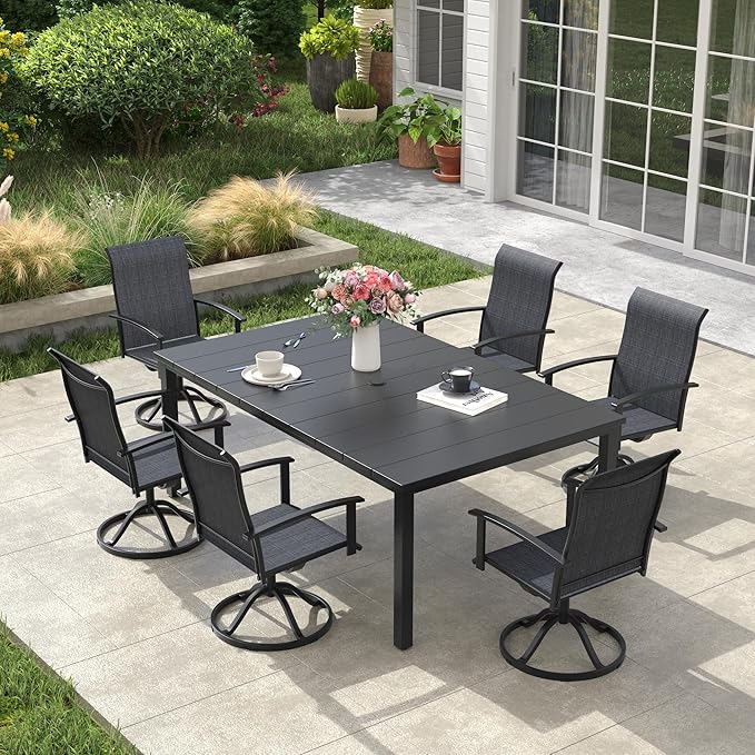 VICLLAX 7 Pieces Patio Dining Set, Patio Furniture Set of Metal Outdoor Table with Umbrella Hole and 6 Swivel Patio Chairs for Backyard Lawn, Charcoal & Black