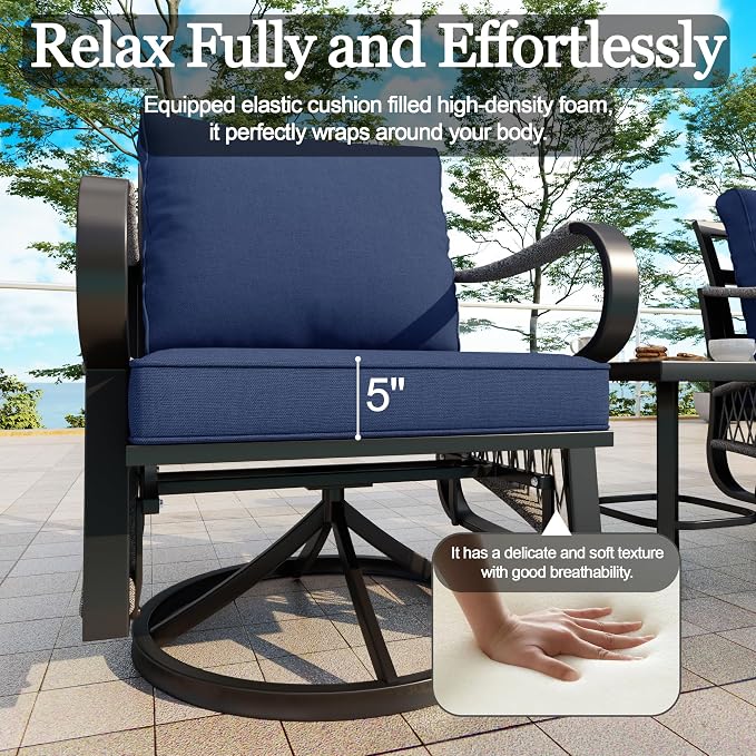 3 Pieces Outdoor Furniture Set, Metal 360° Swivel Rocking Chairs Bistro Sets, Patio Conversation Set with Side Table for Deck, Porch, Garden, Backyard, Poolside (Blue Cushions)