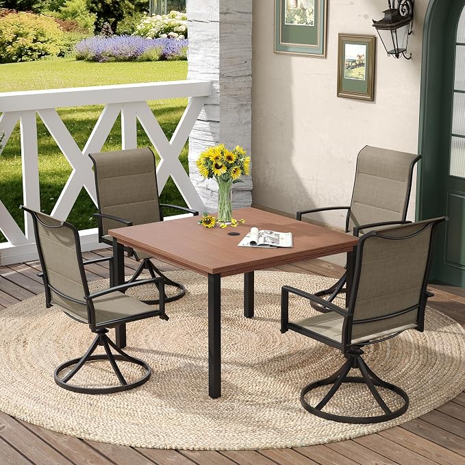 DIFY 5 Piece Outdoor Patio Dining Set for 4, 40.2" Walnut Square Metal Dining Table and Swivel Patio Chairs with Brown Padded Textilene, All-Weather Outdoor Furniture Set for Garden Backyard Porch