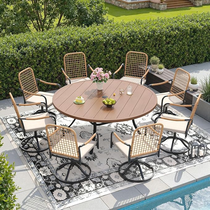 DIFY 9 Pieces Outdoor Dining Set for 8, 60" Round Dining Table with Umbrella Hole & Wicker Swivel Patio Chairs with Cushions, Metal Patio Table and Chairs Set for Backyard Porch Garden, Walnut