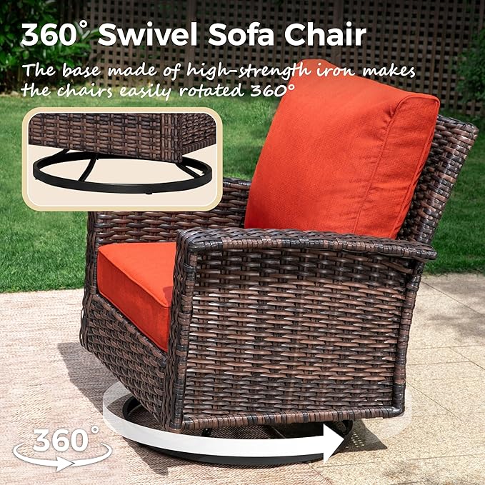 6-Piece Wicker Patio Furniture Set with Swivel Chairs, High Back Outdoor Sofa with 5.5-inch Thick Cushion, All-Weather Wicker Patio Conversation Set for Deck Yard Pool, Red