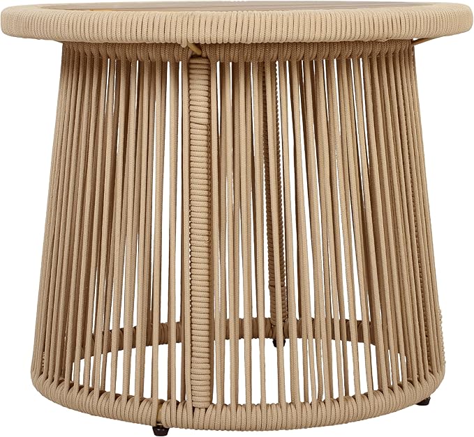 Conical Light Beige Rope Side Table, Teak Finish Acacia Wood Top, 150 lbs Capacity, No Assembly Required, Modern Open-Weave Round Accent Table for Patio Backyard Living Room
