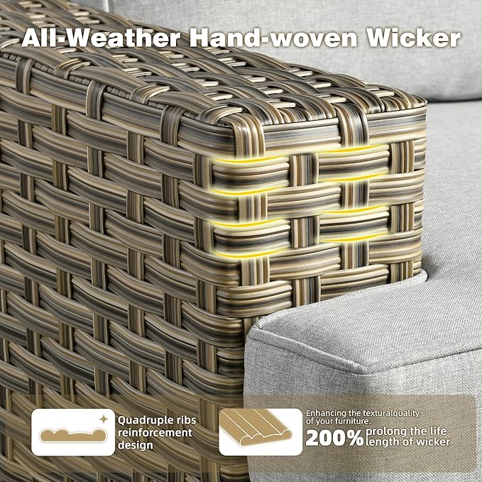 15-Piece Outdoor Sectional Sofa Set w/ 54" Fire Pit – L-Shaped Wicker Patio Furniture, Deep Seating & Swivel Rockers, Grey