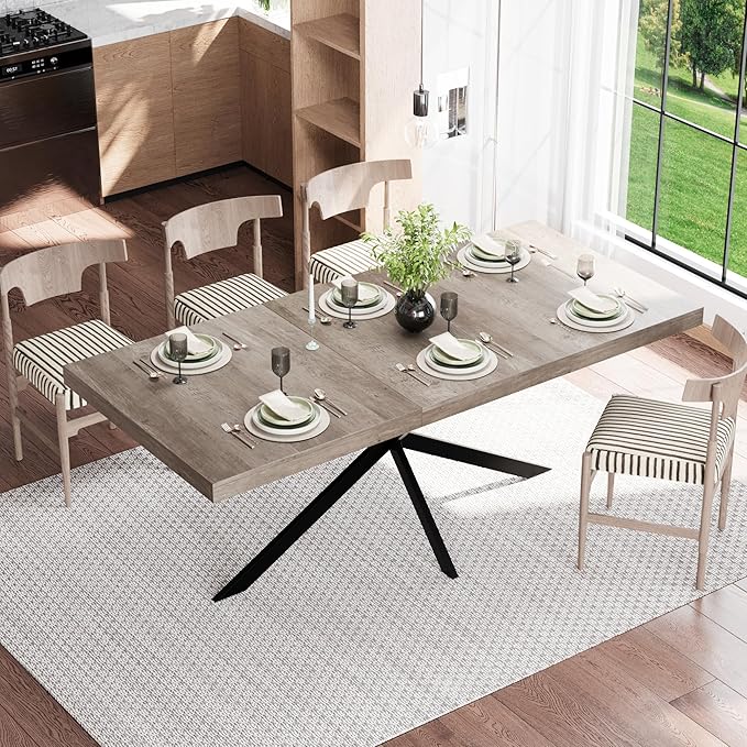 55.11" -70.86" Extendable Dining Room Table, Retro Folding Dining Tables for 4-6 People with Antique Wood Top/Black Fine Sand Cross Iron Foot Base/Storage Box, Grey