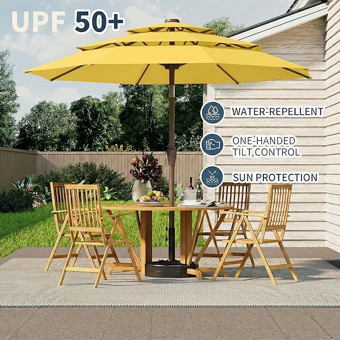 10FT Patio Umbrella 3 Tiers Outdoor Market Umbrella w/Push Button Tilt, Crank, UV and Waterproof Table Umbrella for Garden, Pool, Backyard, Deck, Lawn, Sunshine Yellow