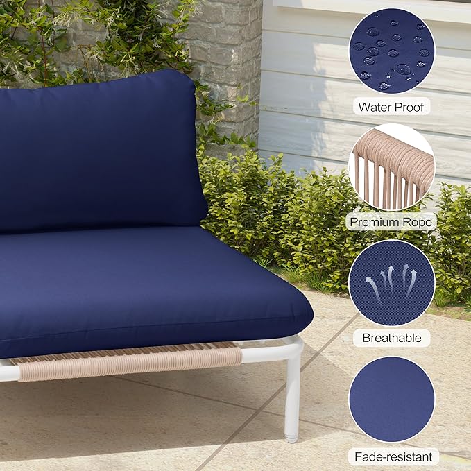 Oversized Patio Furniture Set, Outdoor Patio Furniture Single Sofa, 2-seat Conversation Set with Cushion for Indoor and Outdoor, White Frame and Blue Mat, （Only 2 Armrest）