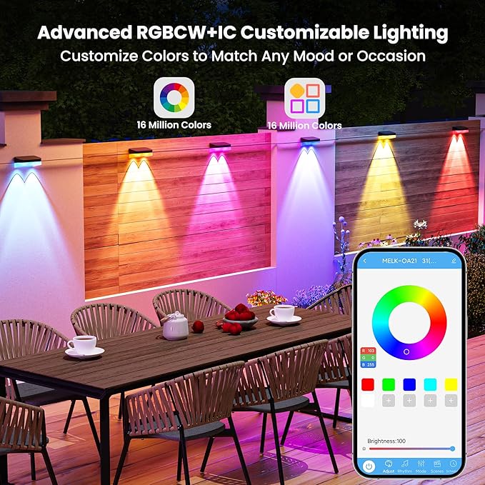 Outdoor Fence Lights, 8 Packs Smart Outdoor Deck Lights RGBCW+IC, with App/Remote Control, Color Changing Lights for Fence, IP67 Waterproof for Backyard Railing Decor (50FT)