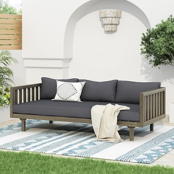 Merax Outdoor Acacia Wood Conversation Set - Patio 3-Seat Loveseat Sofa w/Coushion and Round Coffee Table for Backyard, Lawn, Balcony, Gray