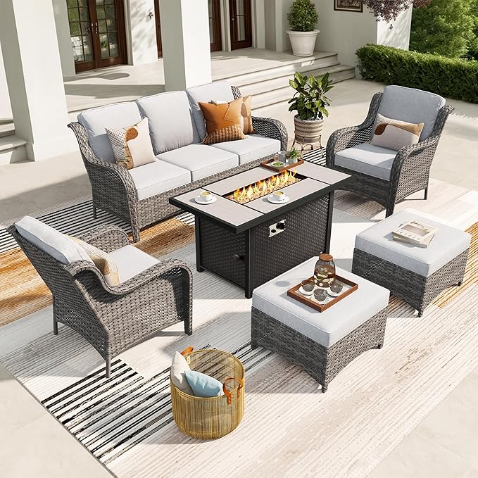 ovios 6-Pieces Patio Furniture Set with 42 Inch Fire Pit Table, Outdoor Wicker Sofa Couch Ottomans Comfy Cushions, High Back Modern Conversation Set, Grey Rattan, Grey