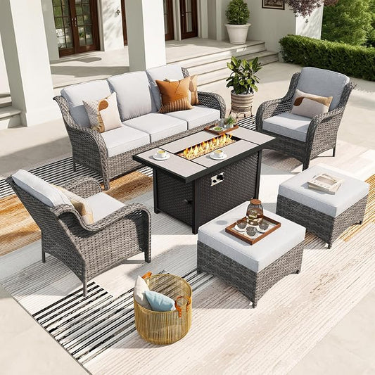ovios 6-Pieces Patio Furniture Set with 42" Fire Pit Table, Outdoor Wicker Sofa Couch Ottomans Comfy Cushions, High Back Modern Conversation Set, Grey Rattan, Grey