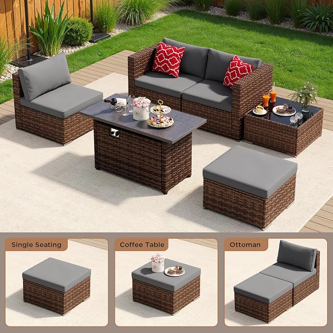 Aiho 6 Piece Outdoor Patio Furniture Set with 45'' Fire Pit Table, Wicker Outdoor Conversation Set Sectional Sofa with Coffee Table for Backyard, Poolside, Garden, Grey