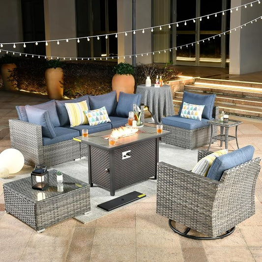 Weaxty 8 Piece Outdoor Sectional with Fire Pit Table, All Weather Wicker Patio Furniture Set with Swivel Rocker Chair Coffee Table, Thick Cushion Couch Conversation Sets for Garden Deck Backyard Blue