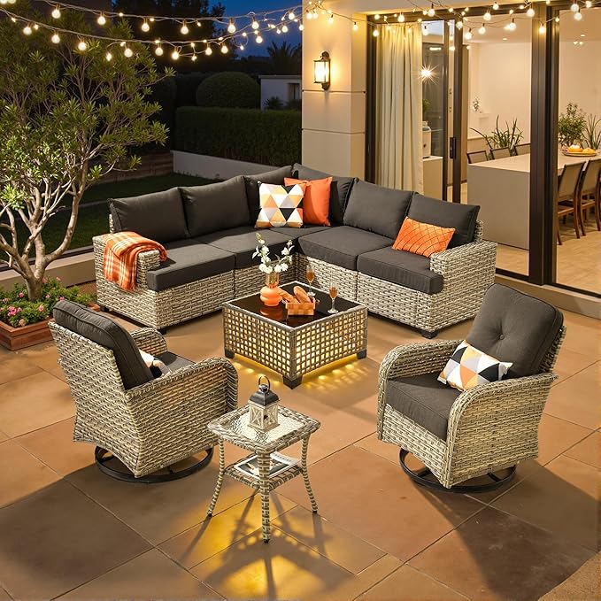 ovios 9 Piece Patio Sectional Furniture with Swivel Rocking Chairs, Rattan Wicker Coversation Couch Set, Outdoor Sofa Set for Outside Porch Balcony Backyard Pool, Black