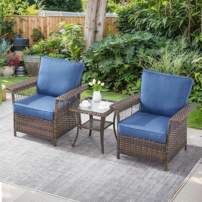 Patio Furniture Set 2 Wicker Patio Chairs with PE Rattan Side Table Set Brown Wicker Blue Cushions Patio Conversation Set 3pcs for Garden Balcony Sunroom Backyard Deck Porch