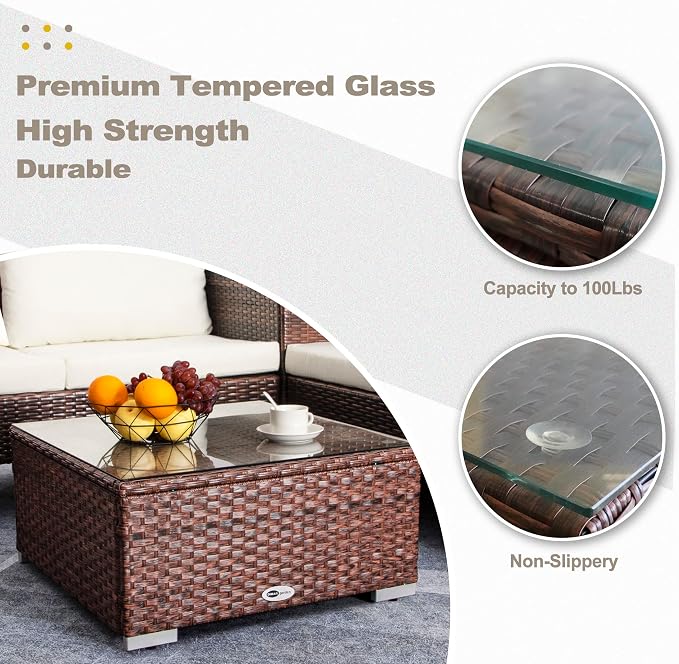 DIMAR GARDEN Outdoor Coffee Table Wicker Patio Side Table with Glass Top, 25.2in Mixed Brown