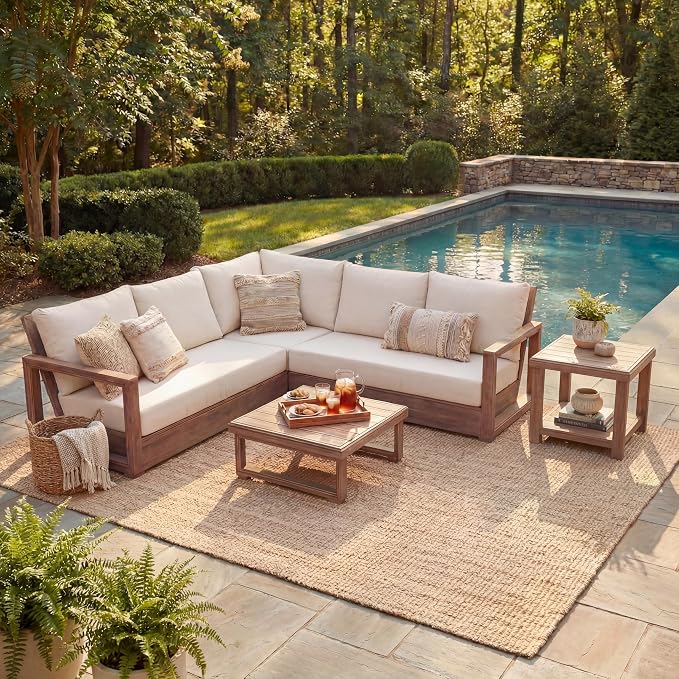Christopher Knight Home 2 Piece Outdoor Patio Furniture Set Acacia Wood Sofa with Thick Cushions and Slatted Coffee Table, Modular Floor Seating Conversation Set, Natural Wood Finish