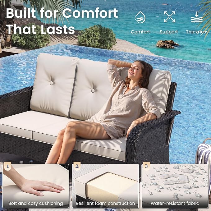 UDPATIO Patio Furniture Set with 44" Fire Pit Table, High Back 4 Swivel Rocker Chairs, Wicker Outdoor Conversation Sets with Thick Cushions & Ottoman, for Garden, Porch