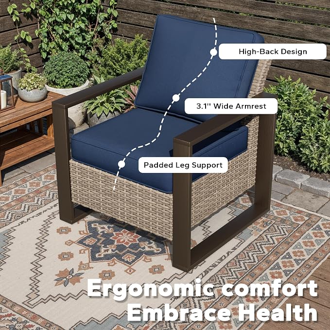 Joyside Outdoor Patio Chairs Set, 4 Pieces Wicker Rattan Chairs with Metal Wide Armrest, Thick Cushions and Deep Seating for Garden, Backyard, Porch, Deck