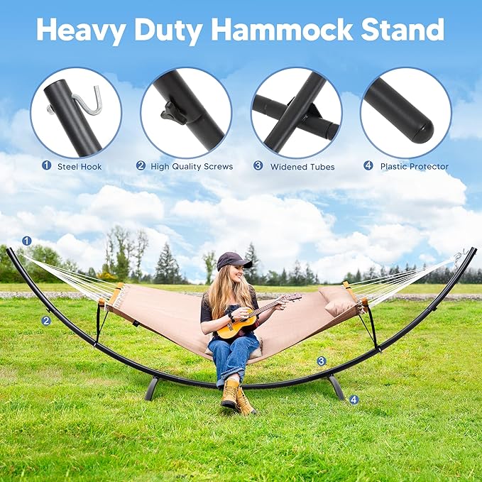 SUNCREAT Portable Double Hammock with Stand, Outdoor Standing 2 Person Hammock Combo, Patent Pending, Tan