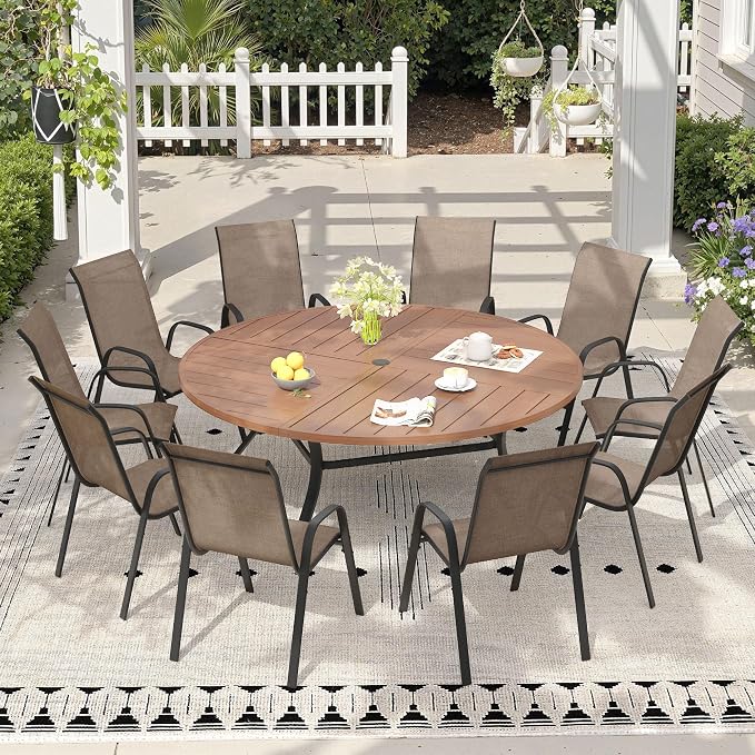 11 Pieces Outdoor Dining Set, 63.1" Spliced Patio Table with Umbrella Hole & Stackable Outdoor Dining Chairs, Patio Furniture Set for Deck Garden Porch, Brown Chairs & Walnut Table