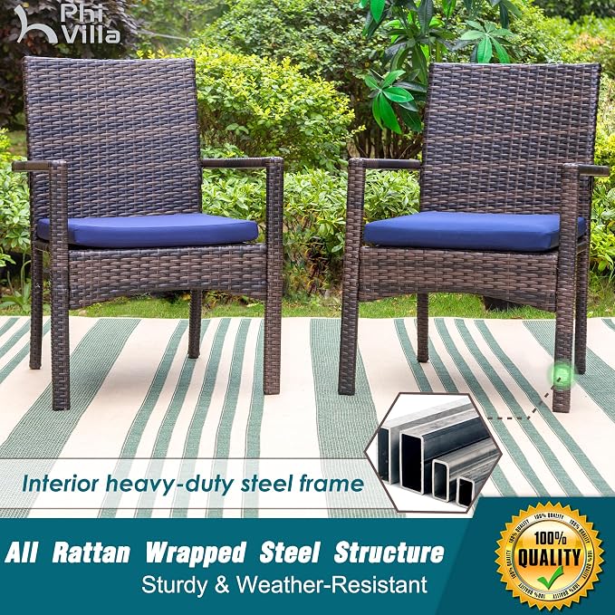 PHI VILLA 7pc Patio Dining Set with Beige Umbrella, 6 Rattan Chairs | PE Rattan Chairs with Cushion, 13ft Large Beige Umbrella, Powder-coated, for Deck, Yard, Porch