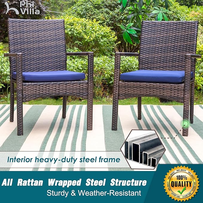 PHI VILLA 9 Pieces Outdoor Dining Set for 8, Rectangle Large Metal Iron Table with Umbrella Hole & Cushioned Wicker Chairs, Large Dining Furniture for Patio, Deck, Yard, Porch
