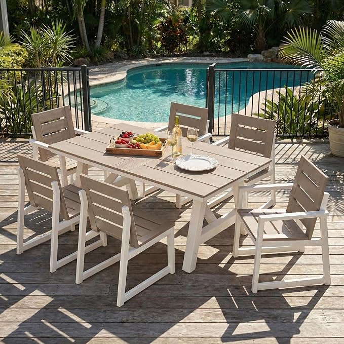 Costaelm Stinson 7-Piece Outdoor HDPE Patio Dining Table Set with Umbrella Hole & Dining Chairs for 6, Weathered Wood
