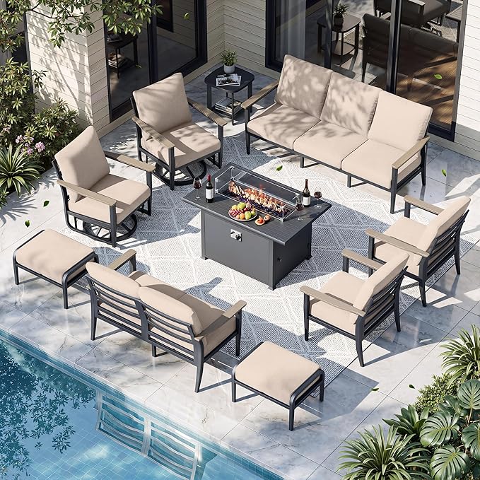 11-Seat Outdoor Patio Furniture Set with Rocking Swivel Chair, Aluminum Sectional Sofa with Ottomans Patio Conversation Set with 55,000 BTU Fire Pit Table & High Backrest, Sand