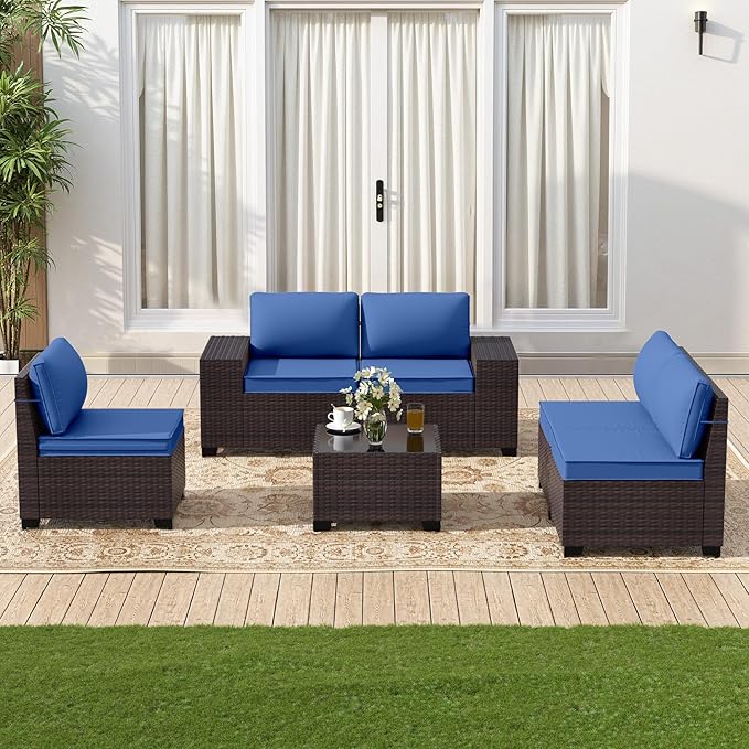 Gotland 6 Pieces Patio Furniture Set with 1 Coffee Table, 5 Seater Rattan Outdoor Sectional with Wide Armrests 29.5'' High Backrest Thick Waterproof Cushions, Conversation Sets for Deck Garden Navy