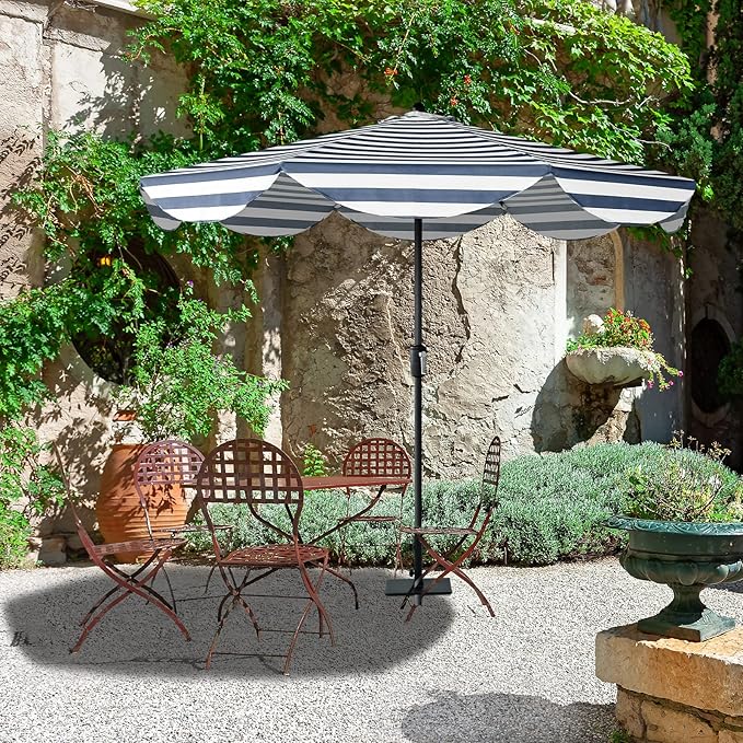 Tempera 9ft Scalloped Patio Umbrellas Outdoor Table Umbrellas with Fade Resistant Canopy, 8 Sturdy Rids, Elegant Vintage Umbrellas for Lawn, Pool, Deck, Balcony