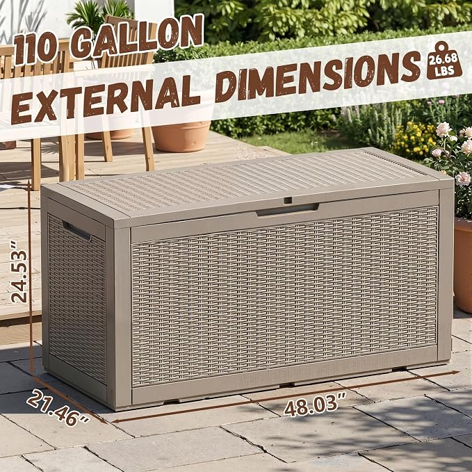 110 Gallon Outdoor Deck Storage Box, Weatherproof Rattan Weave Lockable Storage Bin for Backyard, Pool & Patio Large Outdoor Equipment Storage (Grey,110GAL-1)