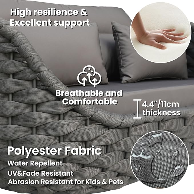 Aluminum Patio Furniture Set of 4: Woven Rope Outdoor Conversation Sofa Set Assembled - Modern Cushioned Armchair Couch Set for 660lbs Porch Deck Backyard Poolside Drawing Room Hotel, Dark Gray