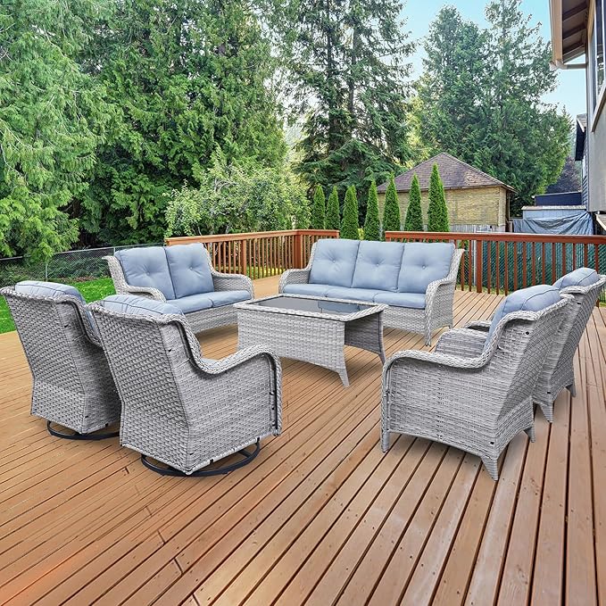 Belord Outdoor Furniture Wicker Conversation Sets - 7 Piece Patio Rattan Furniture Sets with Swivel Rocker Chairs Outdoor Sofa for Porch Deck Backyard Light Grey/Baby Blue