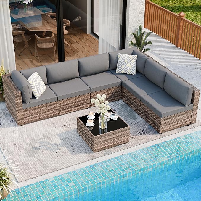 7 Piece Outdoor Patio Furniture Set,Brown PE Rattan Wicker Sectional Sofa, All Weather Conversation Set with Washable Cushions & Glass Coffee Table for Backyard Poolside Garden Porch,Gray