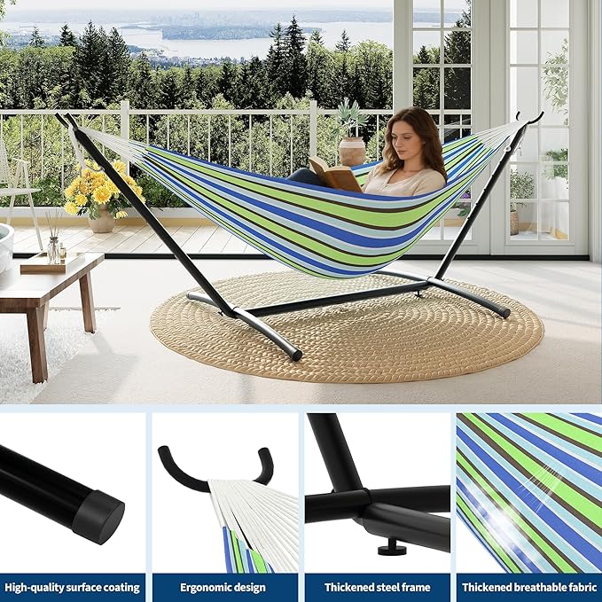 2 Person Hammocks with Stand for Outside, Double Hammocks Portable Space Saving Heavy-Duty Steel Stand for Indoor Outdoor Patio with Carrying Bag, 450 lbs Capacity