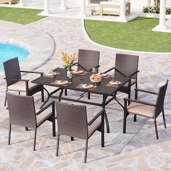 PHI VILLA Wicker Patio Dining Chairs Set of 6 with Removable Cushions | 6 Rattan dining chairs with thick removable seat cushions. Sturdy steel frame, easy assembly.