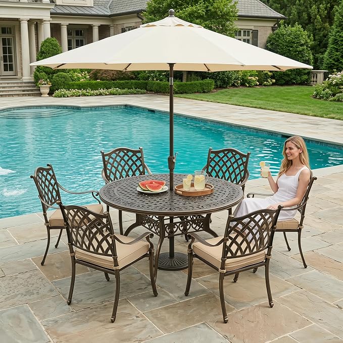 7 Piece Outdoor Dining Set Cast Aluminum, Retro Patio Dining Furniture Set for 6 Includes 54’’ Round Table 6 Chairs with Thicker Cushion and Umbrella Hole for Patio Deck Garden
