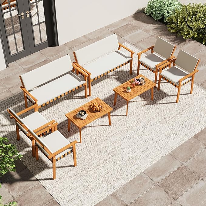 Tangkula 4 Pieces Wood Patio Furniture Set, Outdoor Acacia Wood Cuhioned Conversation Set with Coffee Table, for Backyard,Porch,Garden,Lawn