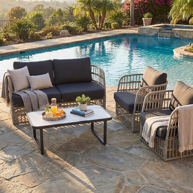 4 Piece Patio Furniture Set, Modern Patio Conversation Set for 4, Rattan Patio Sectional Sofa with Cushions, Backyard Furniture Outdoor Couch with Coffee Table for Deck/Balcony/Porch, Grey