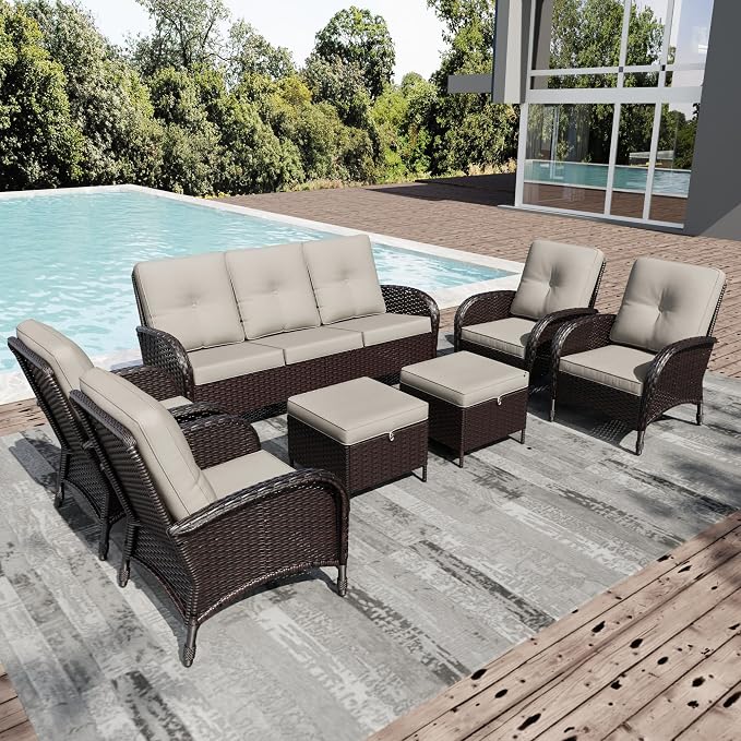 Joyside Wicker Patio Furniture Set, 7 Piece Outdoor Furniture Set with Thickened Cushions, High Back, Deep Seating, Wide Armrest, Rattan Outdoor Chairs for Porch, Deck