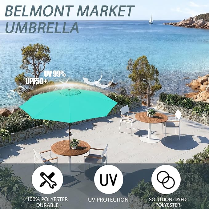 9FT 9FT Outdoor Patio Umbrella Outdoor pool Umbrella with Push Button Tilt and Crank, Market Umbrella 8 Sturdy Ribs UV Protection for Garden, Deck, Backyard (Turquoise)