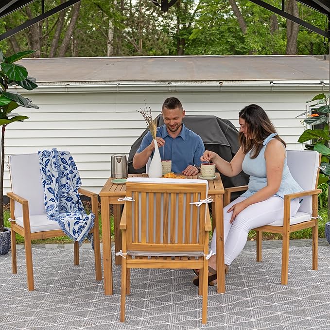 Sunnydaze 5-Piece Outdoor Dining Set - Rodanthe Outdoor Table and Chairs for Patio - Acacia Wood Patio Dining Set for 4 - Cushions Included