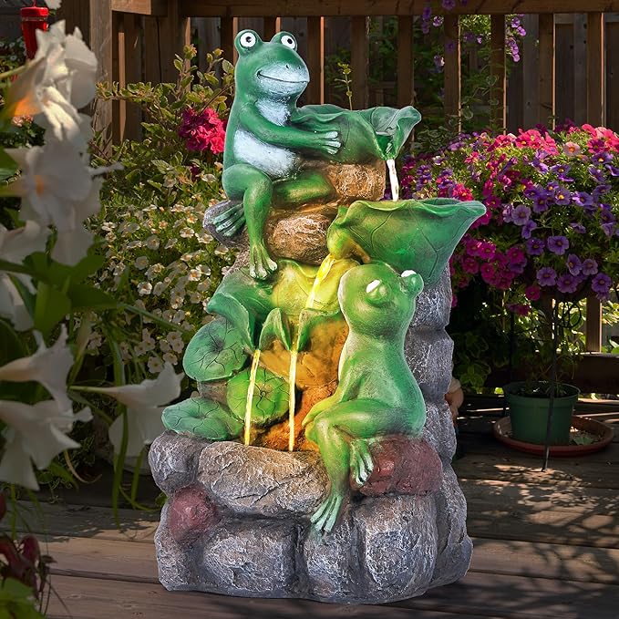 HPC Decor Outdoor 4-Tier Frog Waterfall Fountain with LED Lights for Garden, Patio, Yard, and Porch Décor, 19.9" H (Green)