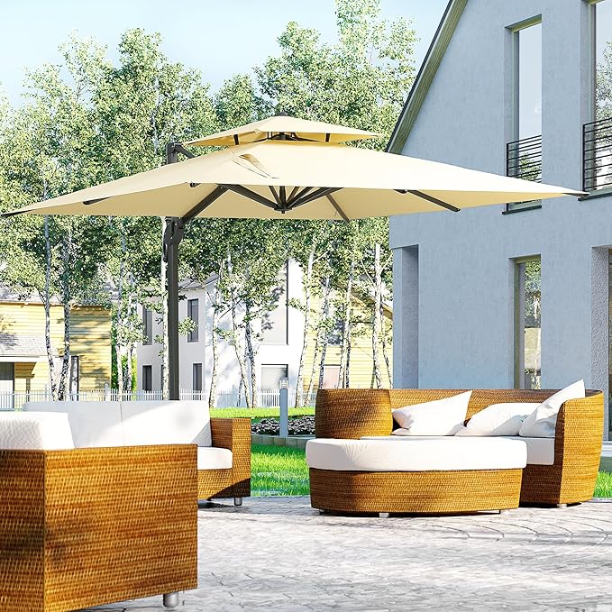 GOWE 10ft Offset Patio Umbrella, Hanging Cantilever Umbrella, Square Shape, Aluminum Cross Base, Tilt, 360-Degree Rotation, Beige