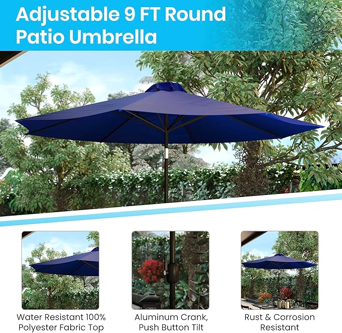 EMMA + OLIVER 9' Navy Outdoor Patio Umbrella With Easy To Use Crank And Tilt Function - Round Patio Table Umbrella with 1.5" Diameter Steel Pole