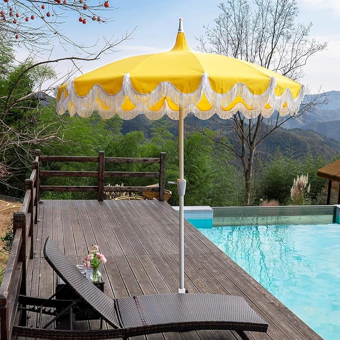 7.5ft Pagoda Patio Umbrella with Fringe, UPF50+ Tassel Umbrella with Crank & Fiberglass Ribs, Holiday Outdoor Umbrella for Garden Pool Lawn Yard Table