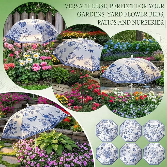 Hillban 6 Pack Plant Shade Umbrellas for Outdoor Plants 23.6" Large Garden Umbrella Shade for Potted Flower with Adjustable 40" H Sunshade Cover for Patio Garden Bed Flowers(Blue and White Porcelain)