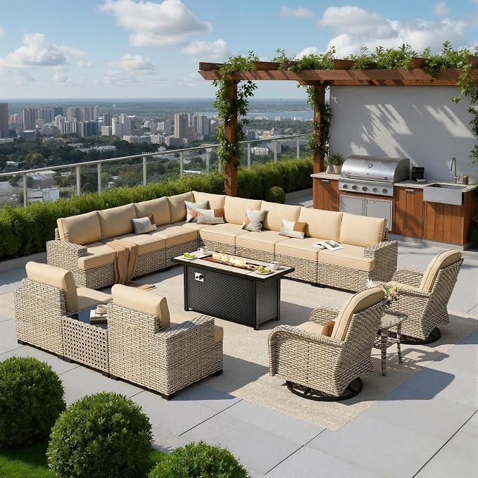 HOOOWOOO Sectional Patio Furniture Set with Fire Pit Table,15 Pieces Wicker Outdoor Furniture L Shaped Couch,Outside Conversation Set Extra Deep Seat Sofa Wide Arm Swivel Chairs Solar Light,Beige