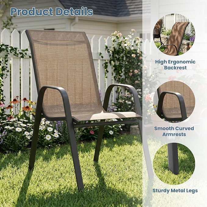 DIFY 7 Piece Outdoor Dining Set, 48" Black Round Metal Patio Table and Brown Textilene Stackable Chairs for 6, All Weather Patio Furniture Set with Umbrella Hole for Backyard Garden Deck